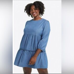 Draper James Light Chambray Blue Long Sleeved Tiered Mini Dress Sz XL